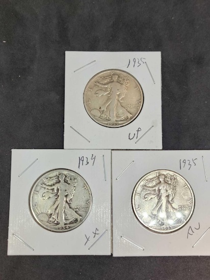 walking liberty half lot collector coins early years 1934 35 and 35 AU++ better grades 1.5 face 90%