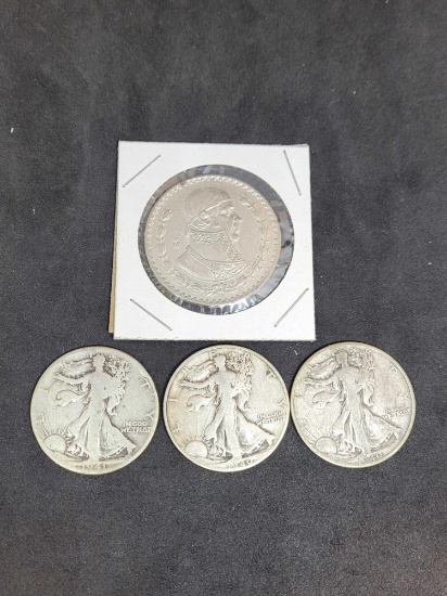 walking liberty half silver lot of 3 + silver dos peso bonus 1.5 face 90% silver