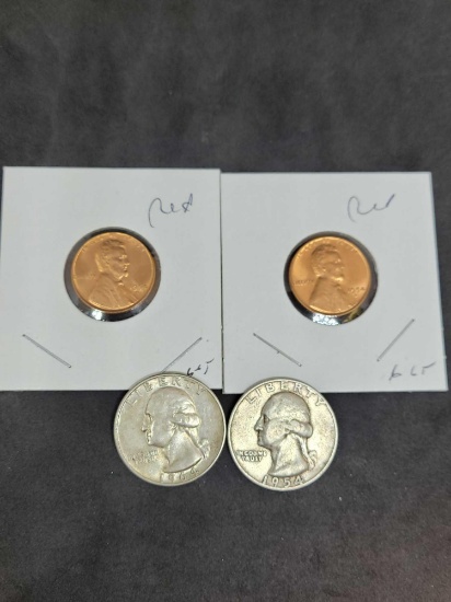 1954 wheat cent lot gem bu reds high grade MS++ from OBW roll+ 2 silver quarters