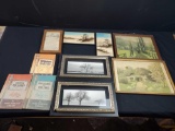 box of various framed art and Vintage hobby books