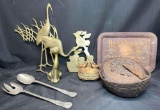 Silver Plate Utensils. Brass Cat and Bird Sculptures. Hersheys Tray, More