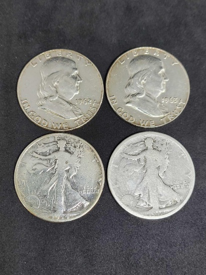 Walking liberty and Franklin 4 coins