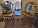 Pair of Spinning Wooden Chairs w/ Decorative Pillows and Stand