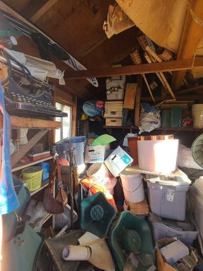 8x8 Packed Storage Shed Contents Empty Shells Bar Mirrors Underwood typewriter unopned boxes.