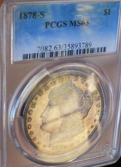 Morgan silver dollar 1878 s pcgs ms 63+++ under grade monster rainbow pl under tone stunning