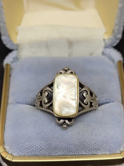 Antique sterling silver ring with mother of pearl inlay very old circa 1920s 5.g