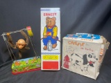 Old Vintage Toys. Ernest Balancing Bear by Schylling, Cheifie the Dog by Alps, Monkey on Bars