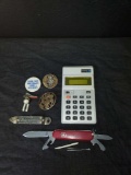 Assortment of Treasures, Vintage Calculator, Military pins, Swiss Army Knife, etc.