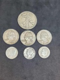 Washington quarter walker and mercury coin lot 1.55 face 90% silver