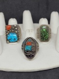 3 Native style sterling silver and turquoise rings WC G&S 41.9g
