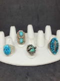 4 native style sterling silver and turquoise rings 65.9g