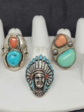 3 Native style sterling silver and turquoise rings 73.2g