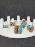 5 native style sterling silver and turquoise rings 67.0g