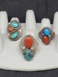 3 native style sterling silver and turquoise rings 62.6g