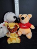 Three Plush Stuffed Toy Animals, Old Teddy, Snoopy, and Winnie the Pooh