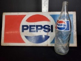 Original 1960s Metal Pepsi Flange Sign and Glass 32oz Pepsi Bottle