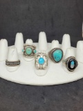 5 Native style sterling silver and turquoise rings 64.5g