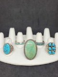 5 native style sterling silver and turquoise rings 64.5g