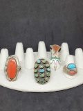 4 native style sterling silver and turquoise rings