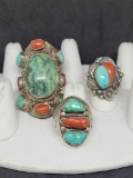 3 native style sterling silver and turquoise rings 90.1g