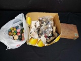 box of buttons, Cigar box, marbles and ruber balls