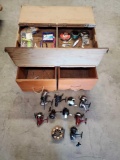 Unique custom wooden box with approx 9 fishing reels and tackle
