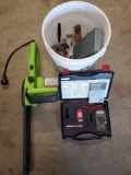 Portland electric chainsaw. GB digital multimeter. Bucket of hand tools