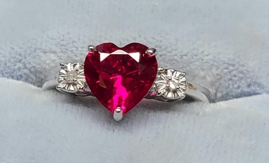 925 Sterling Silver Ruby & Diamond Heart Ring, Size 5