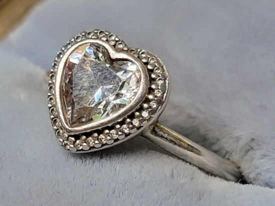 Pandora Jewelry 925 Sterling Ring, Diamond Accents w/ Quartz Heart Gem Stone