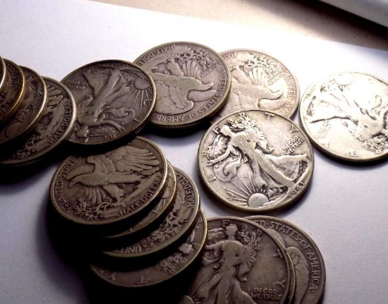 walking liberty silver half roll of 20 coins 10$ face value better grades xf++ 90% silver roll