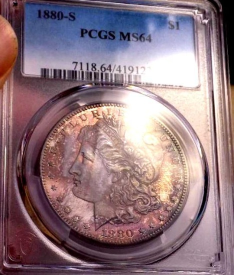 Morgan silver dollar 1880 s pcgs ms 64+++ monster rainbow rare top certified pl reverse