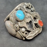 P. A. Phyllis Smith Signed Native Sterling Silver, Turquoise & Coral Designer Ring