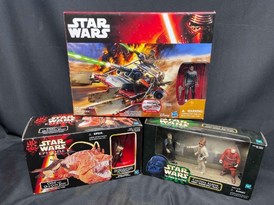 Episode I Opee w/ Qui-Gon Jinn, Cantina Aliens 3 pack, Finn w/ Desert Landspeeder