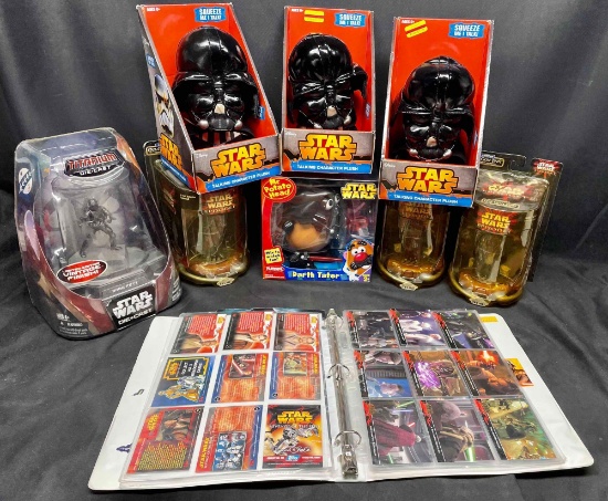Lot of Star Wars Collectibles. Die Cast Boba Fett, Plush Vader, Darth Tater Collector Card Binder