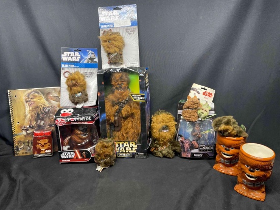 Chewbacca Collectibles Lot. Poptaters, Action Figure, Glasses, Keychains, Cat Toy etc