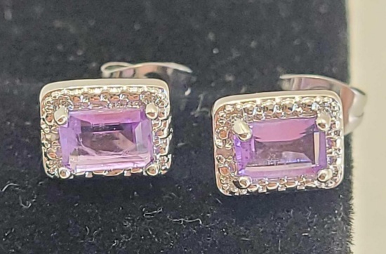 1 Ct Amethyst and Diamond Halo Earrings NEW