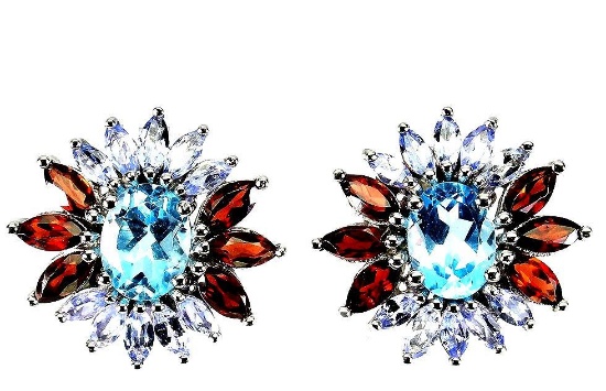 Swiss blue topaz and Mozambique red garnet earrings new designer sterling earth mined gems 5+ct