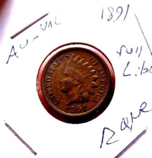 indian cent 1891 au to unc full liberty early year rare find original pq
