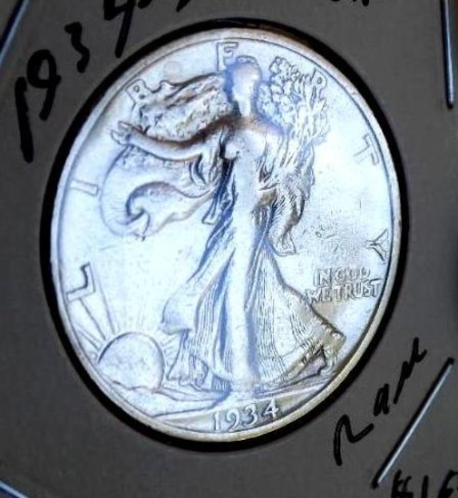 Walking liberty half 1934 s key date high grade au to bu beauty 90% silver