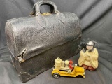 Vintage Doctors Bag. Vintage Cast Iron Toy Car. Vintage Japanese Girl