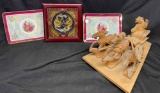 Bear Riding Sleigh Wooden Sculpture, Chinese Wall Art, Amer Darin Plates made in Japan