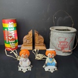 vintage raggedy Ann and Andy lamps Minnow bucket wood bookends lifesaver coin bank