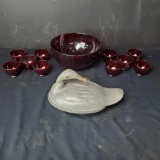 vintage metal duck bowl and punch bowl with 10 glasses