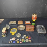 3 vintage jewelry boxes lighter mirror nutcracker pins buttons toy car