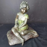 Heavy bronze sculpture of girl on a pillow by Moreau