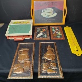 2 bird art pieces w/real feathers thermometer school days desk fisher price tray 2 kettle art