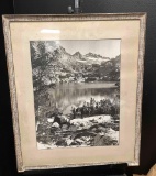 Framed Photography Art. Cowboy with Horses by Lake