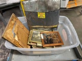 Bin of Mixed Framed Art, Old Photographs and Playing Cards.