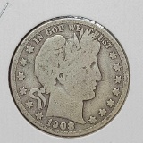 Barber Half Dollar Silver 1908-S better date VG+ 90% silver