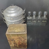 4 Vintage alcohol bottles with pump dispenser Tea tin steamer